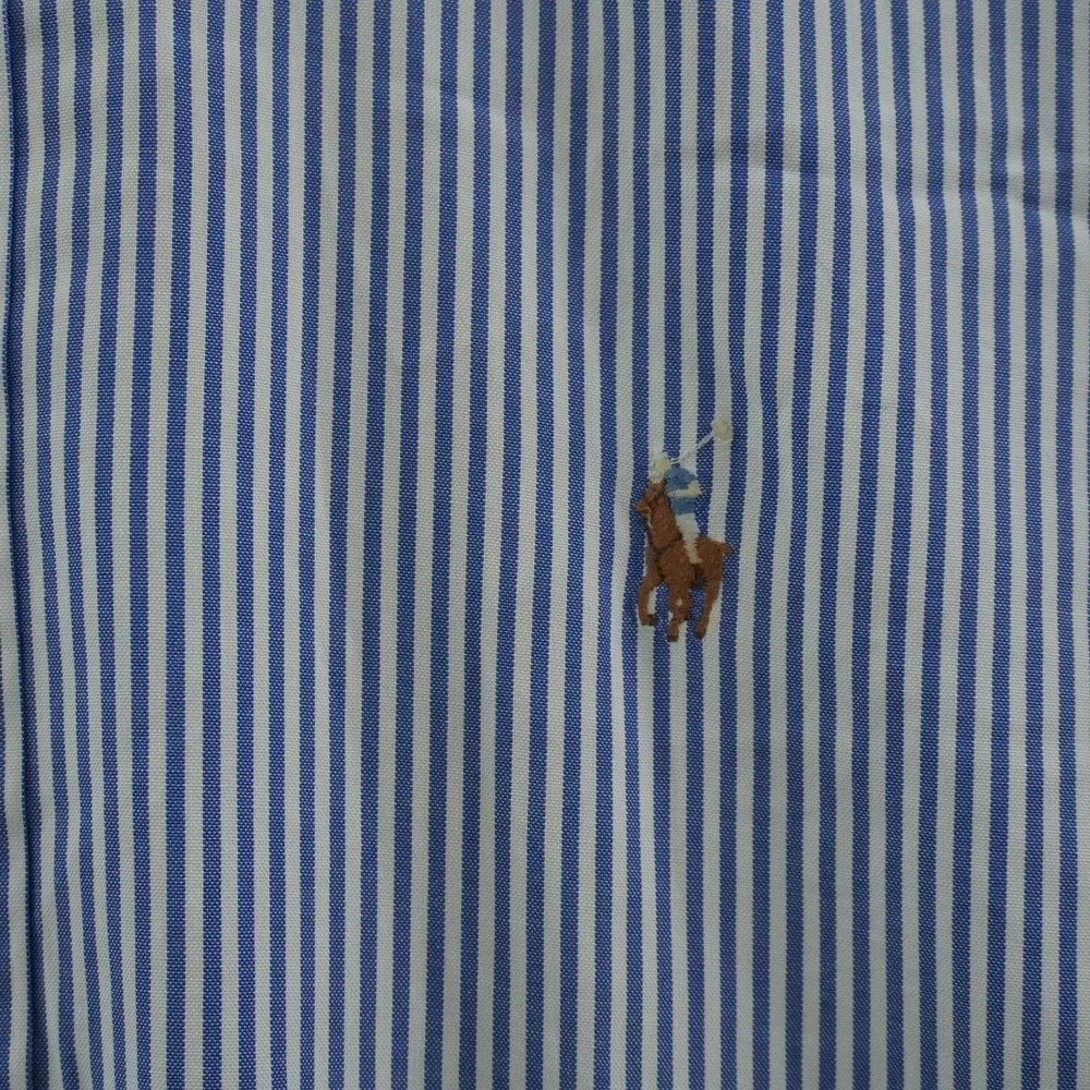 VTG Ralph Lauren Yarmouth Button Down 17-35 Blue White Striped Flesh Pony Shirt